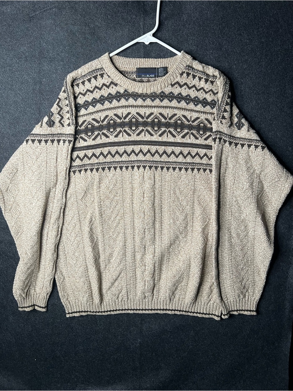 Vintage Bill Blass 90s Beige Cable Knit Sweater Men’s Size L Geometric Pattern